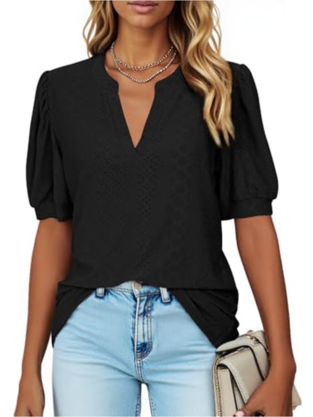 Womens V Neck Puff Short Sleeve Tunic Blouse Casual Summer Top
